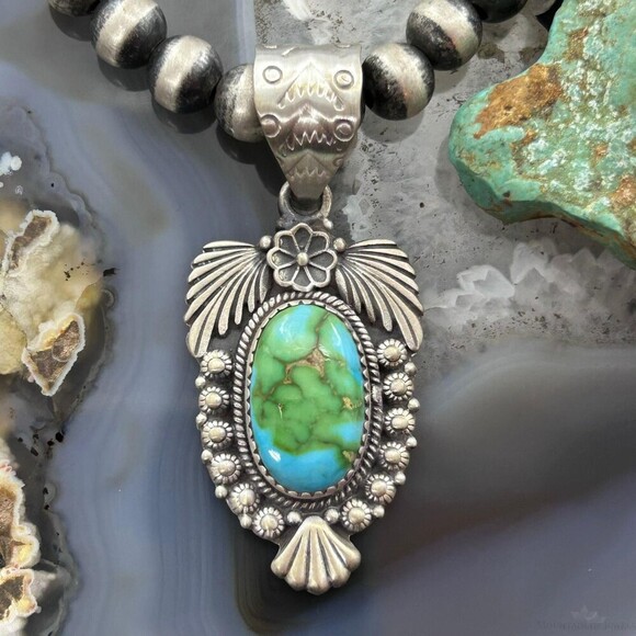 Sterling Southwestern Style Oval Sonora Gold Turquoise Leaves Decorated Pendant - Picture 1 of 10